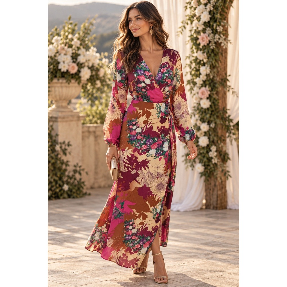 Lulus Wrap Maxi Dress Womens M Burgundy Floral Satin Wedding Guest NWT